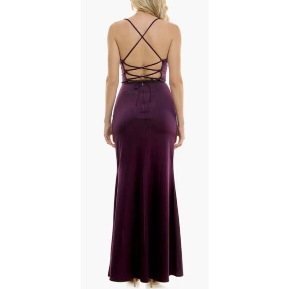Speechless Pleated Side Slit Satin Gown Size Large Purple Lace‎ Up Maxi - Picture 2 of 12